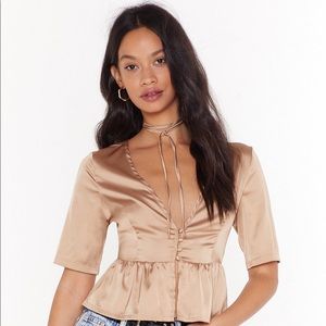 Nasty Gal Satin Tie Blouse with Plunge Neckline